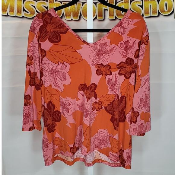Venezia Women’s Floral Blouse – Pink/Orange Print, V-Neck, Size 18/20 - Picture 2 of 5